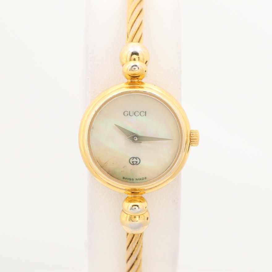 Vintage Gucci Gold Tone Cable Quartz Wristwatch With Mother of Pearl Dial