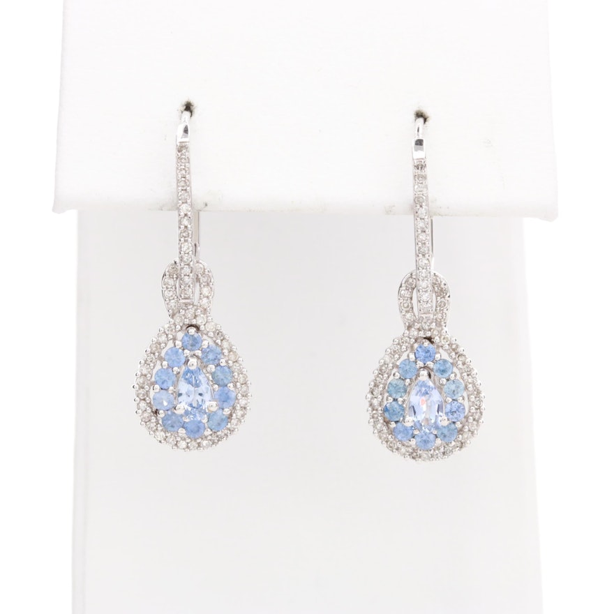 14K White Gold Blue Sapphire and Diamond Drop Earrings