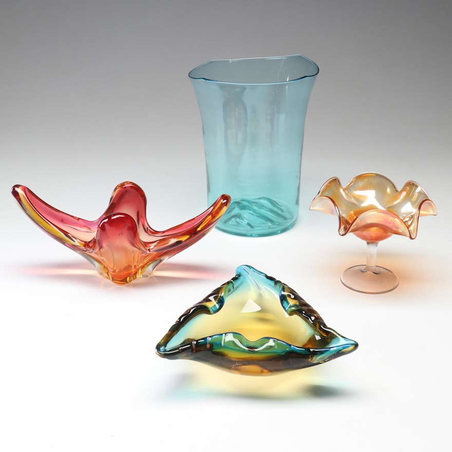 Colorful Glass Including Compote and Ashtray, 20th Century