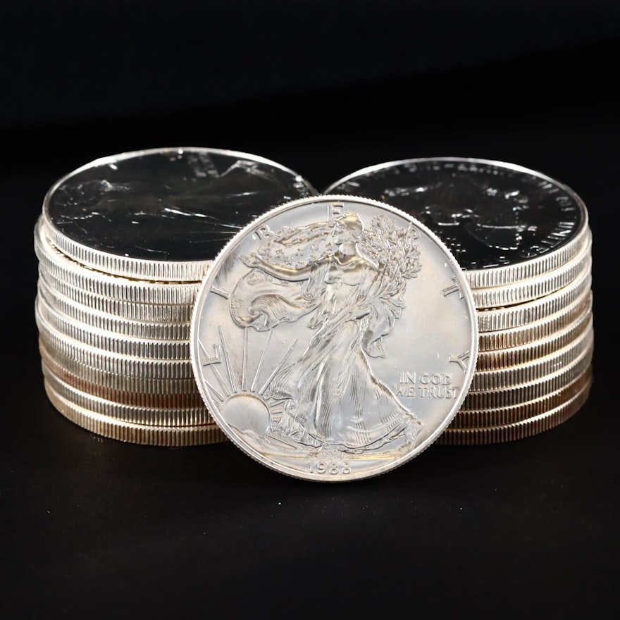 Roll of Twenty U.S. Silver Eagles Including 1988 and 1997