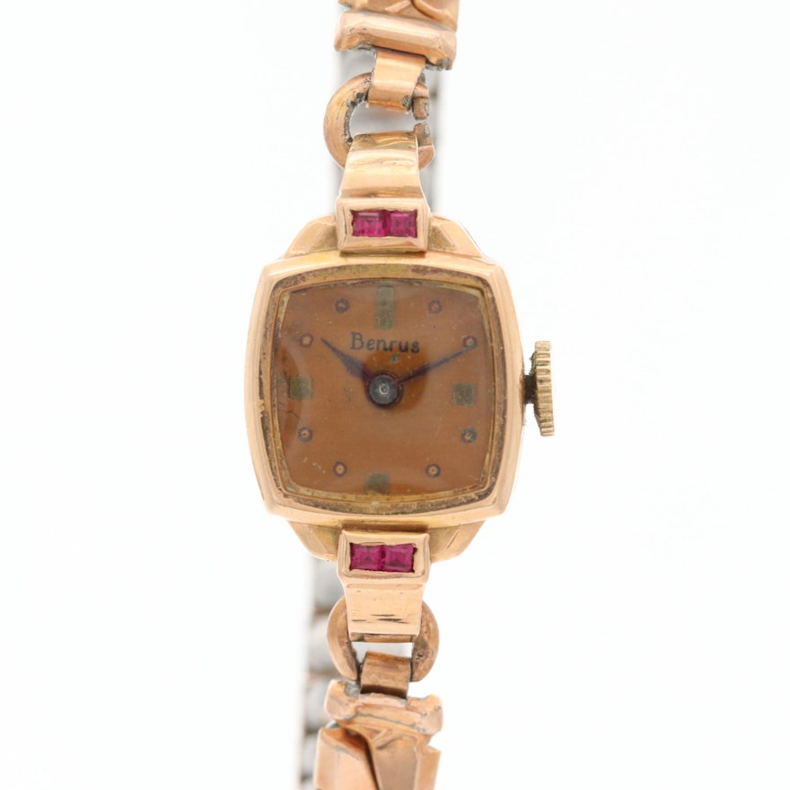 Vintage Benrus 14K Rose Gold and Synthetic Ruby Wristwatch