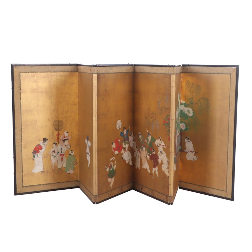 Japanese Gouache Painted Folding Screen, Meiji Period