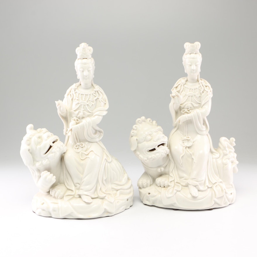 Chinese Blanc de Chine Guanyin on Guardian Lion Porcelain Figurines