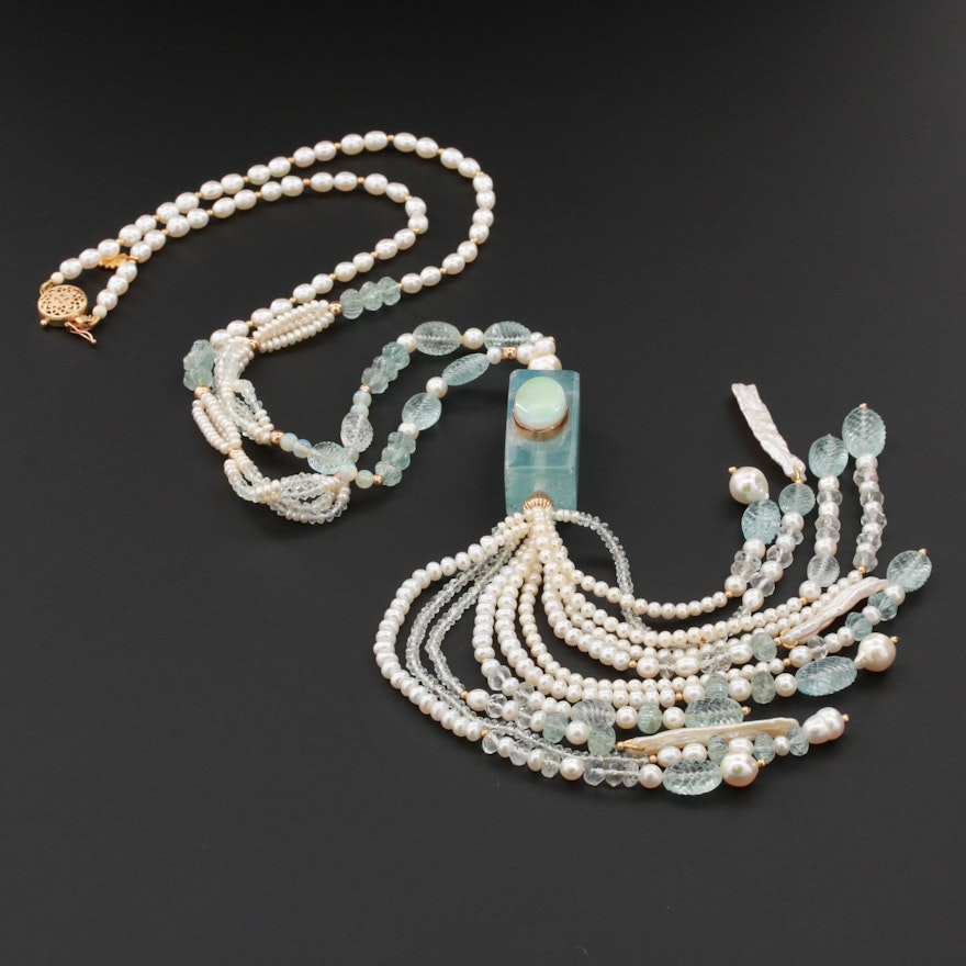 Suzanne Miller 14K Yellow Gold Opal, Aquamarine, and Pearl Tassel Necklace