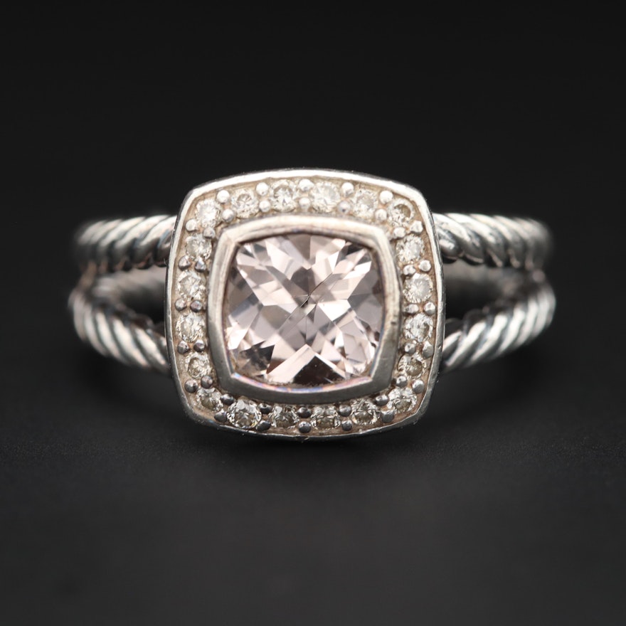David Yurman "Albion Collection" Sterling Silver Morganite and Diamond Ring