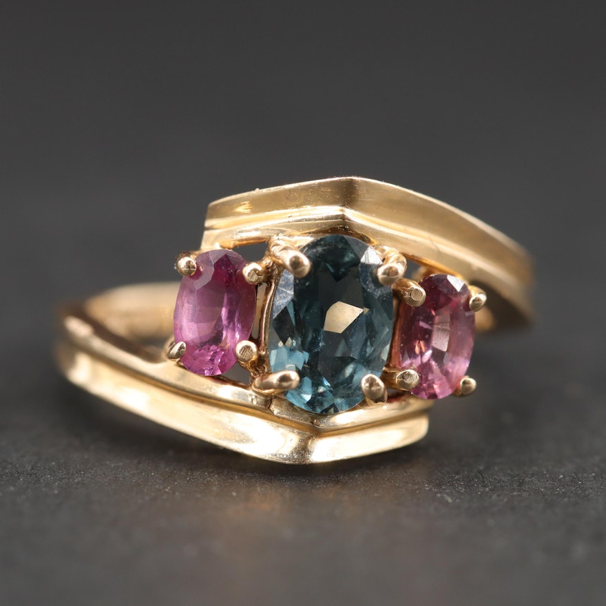 14K Yellow Gold Pink and Blue Spinel and Garnet Ring
