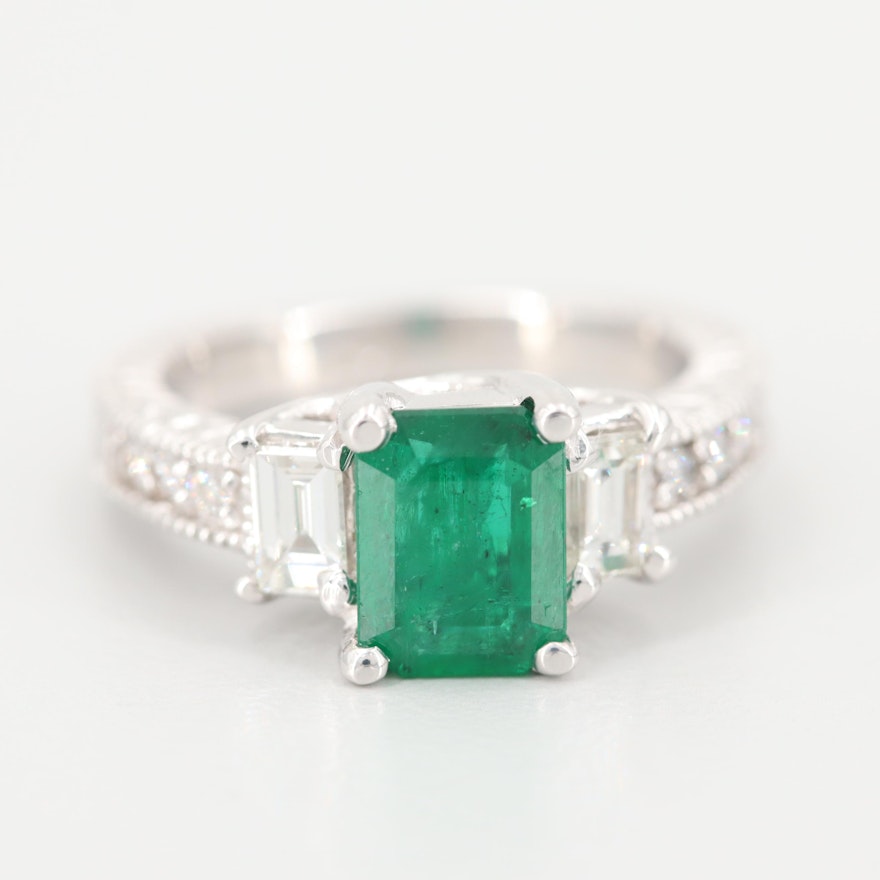 18K White Gold Emerald and Diamond Ring