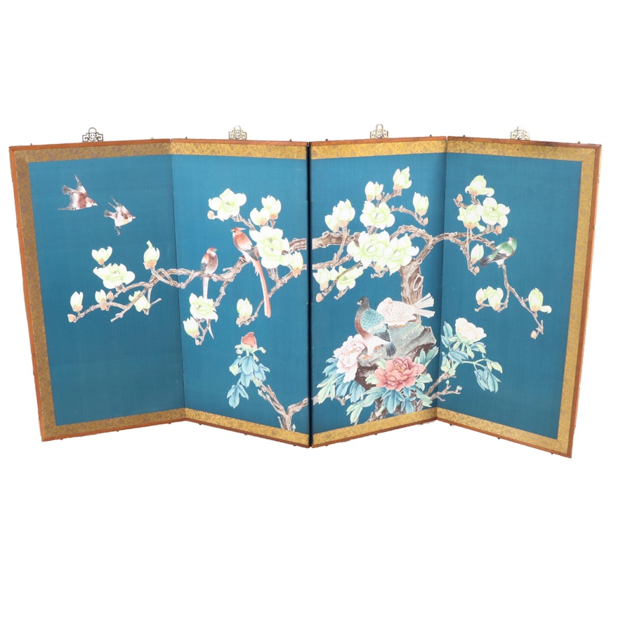Chinese Flower and Bird Motif Four-Panel Folding Screen