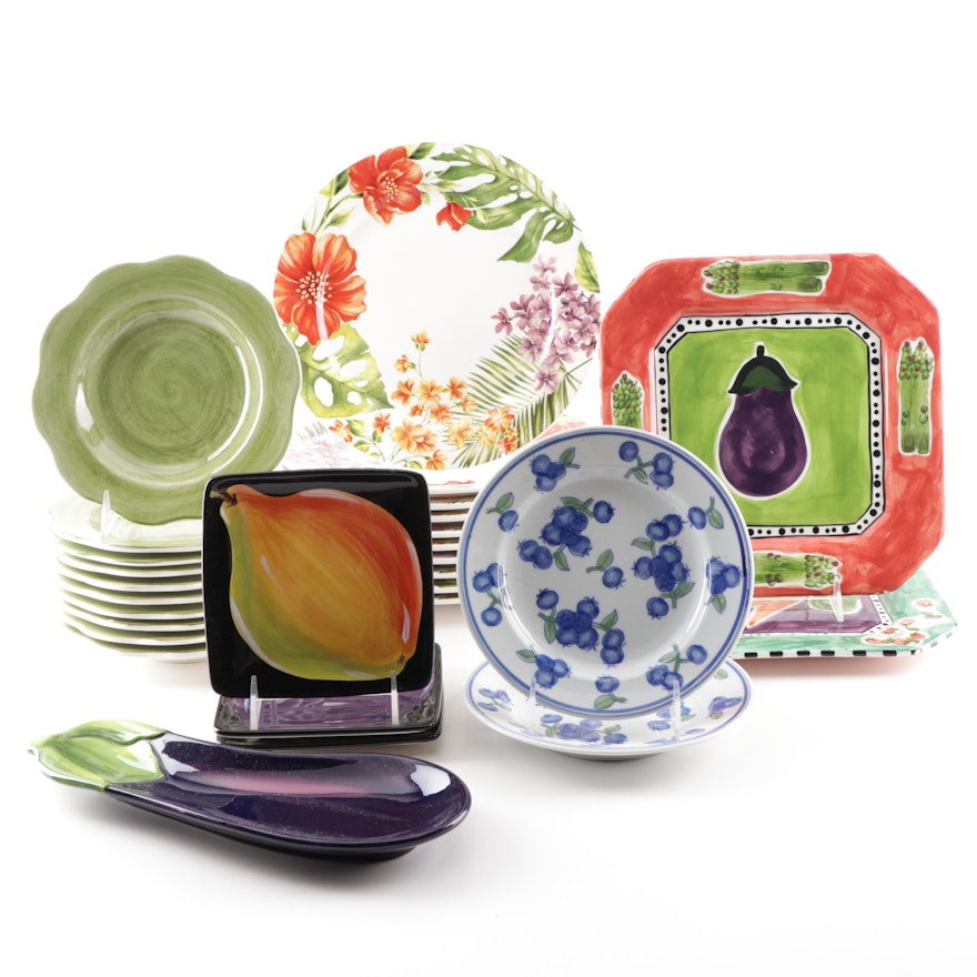 Hand Painted  Ceramic Dinnerware Grouping Featuring Salute and Pier 1 Imports