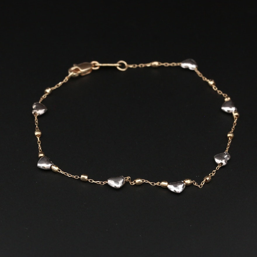 14K Yellow Gold Heart Bracelet with White Gold Accents