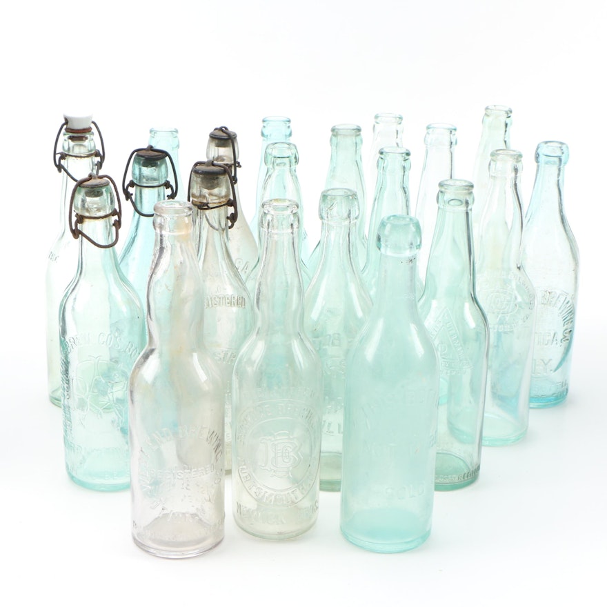 American Breweries Blue and Clear Glass Beer Bottles with Utica Club Case