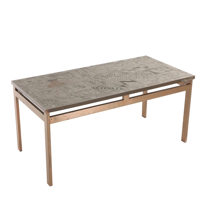 Modernist Copper-Mounted and Relief-Patterned Coffee Table
