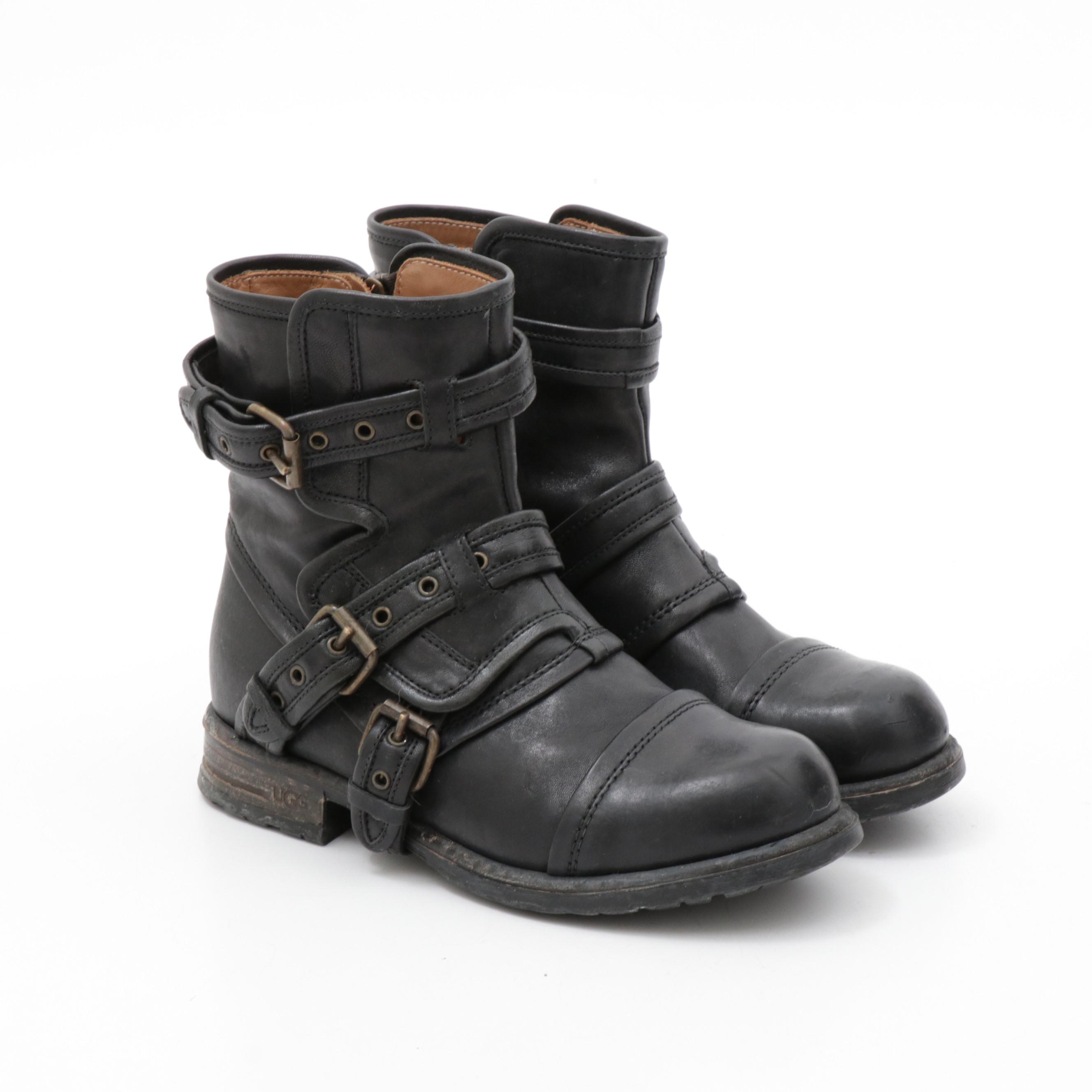 UGG Collection Black Leather Elisabeta Moto Boots, Made in Italy