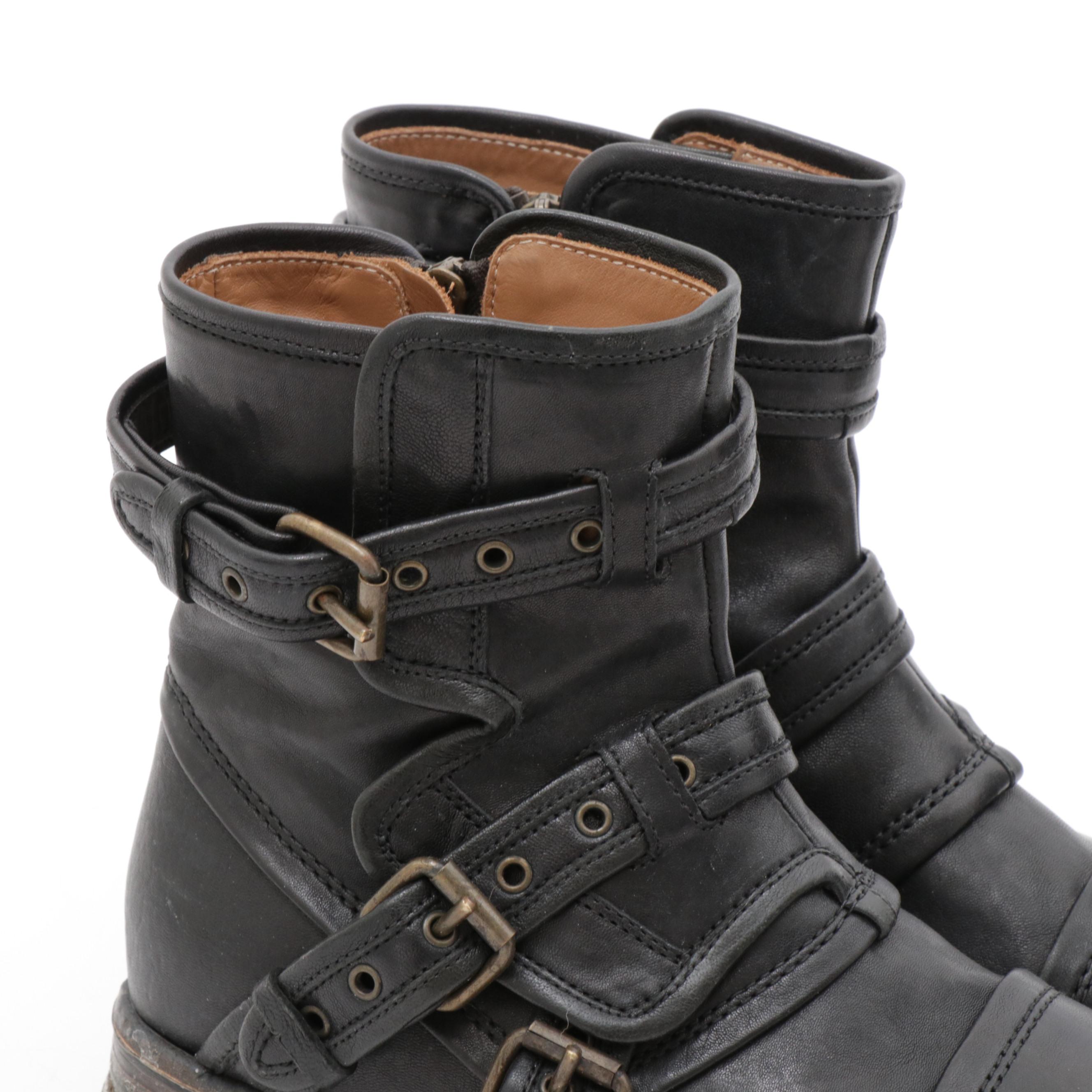 UGG Collection Black Leather Elisabeta Moto Boots, Made in Italy