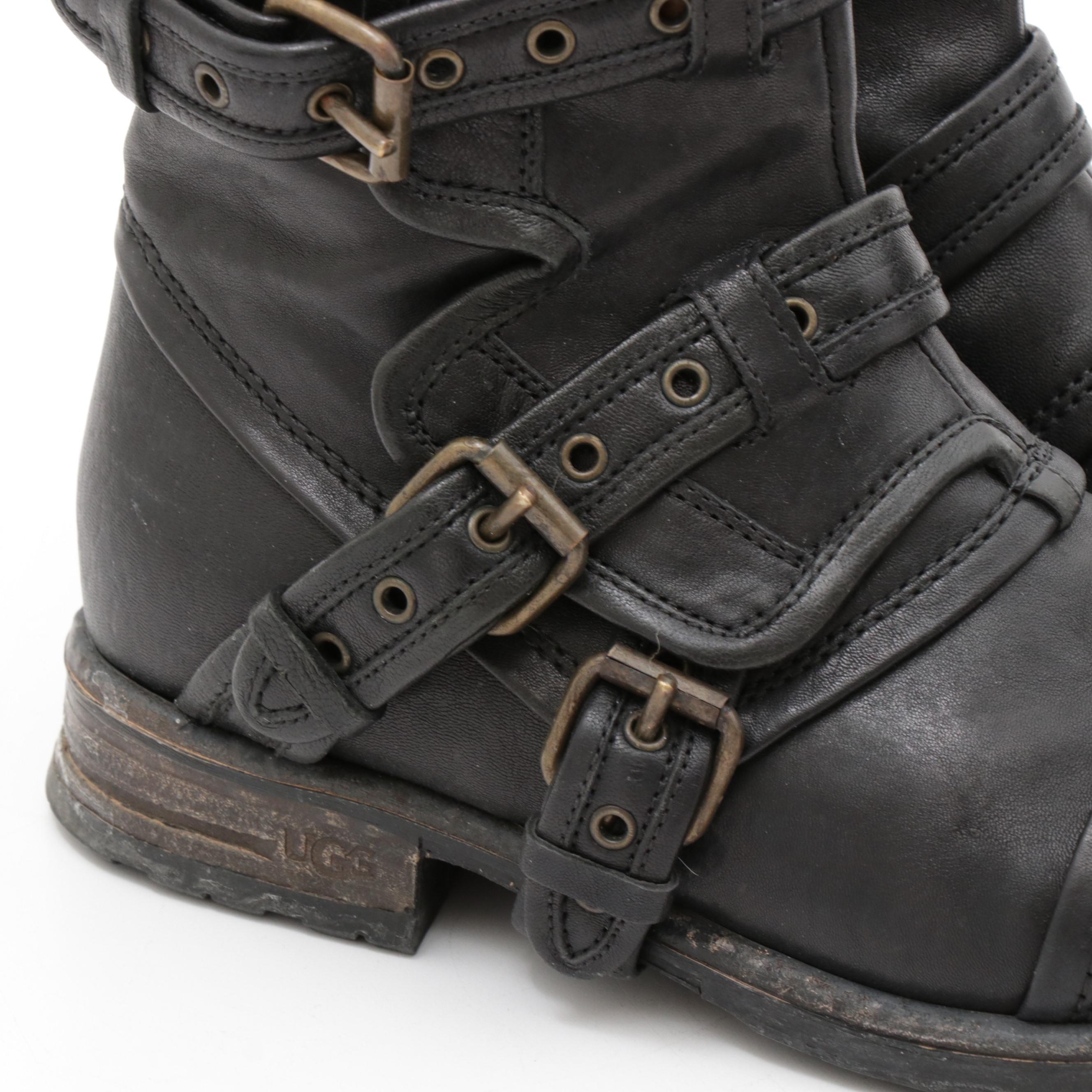 UGG Collection Black Leather Elisabeta Moto Boots, Made in Italy