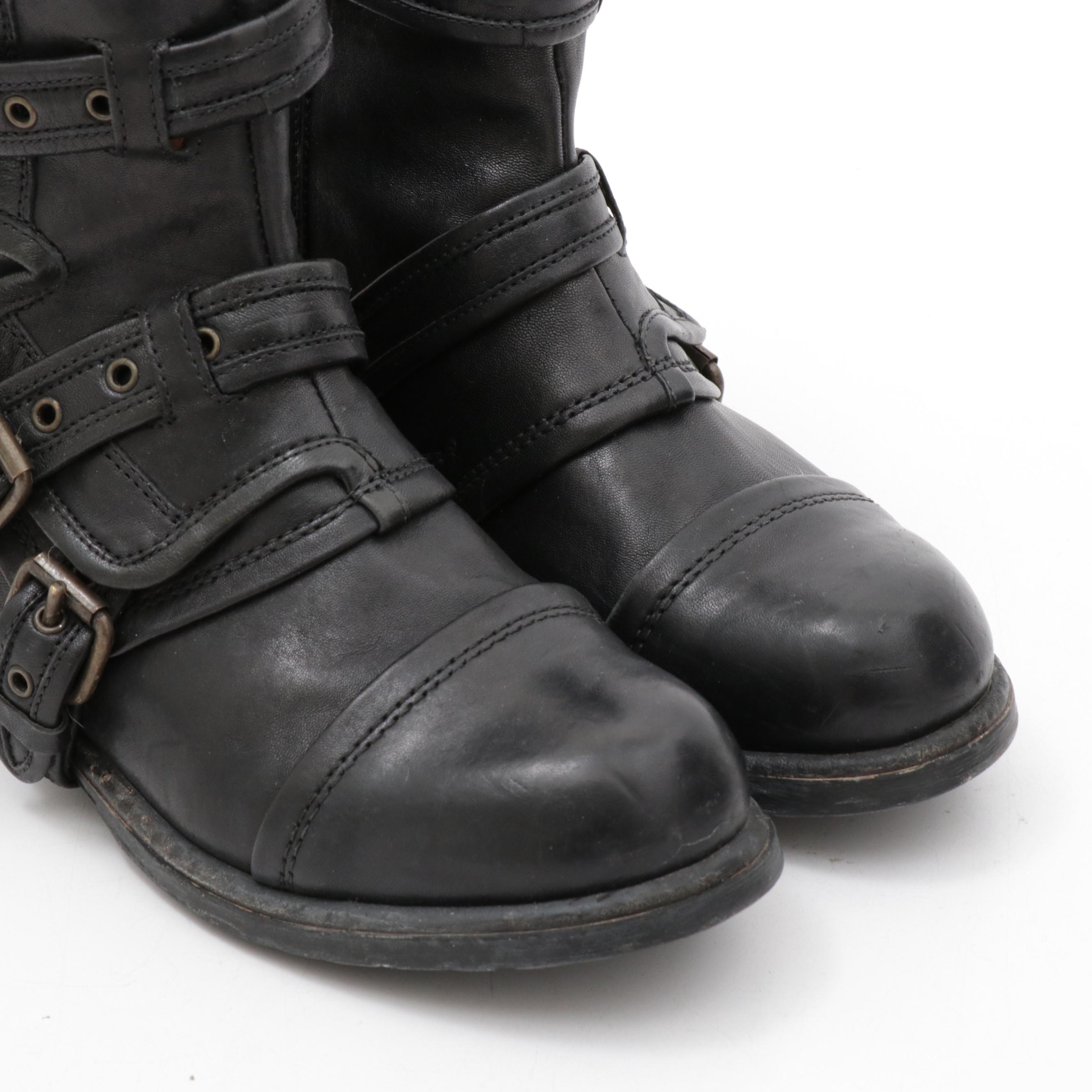UGG Collection Black Leather Elisabeta Moto Boots, Made in Italy