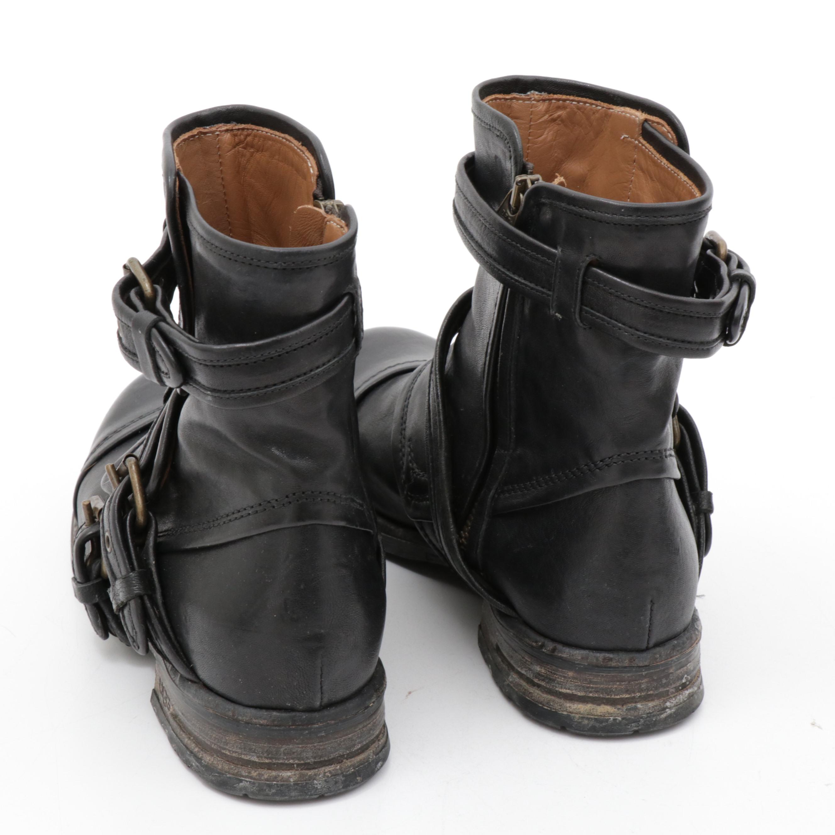 UGG Collection Black Leather Elisabeta Moto Boots, Made in Italy
