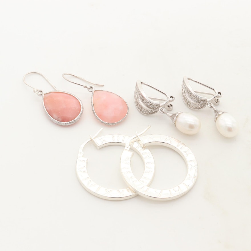 Sterling Silver Earrings with Cultured Pearl, White Topaz and Pink Opal