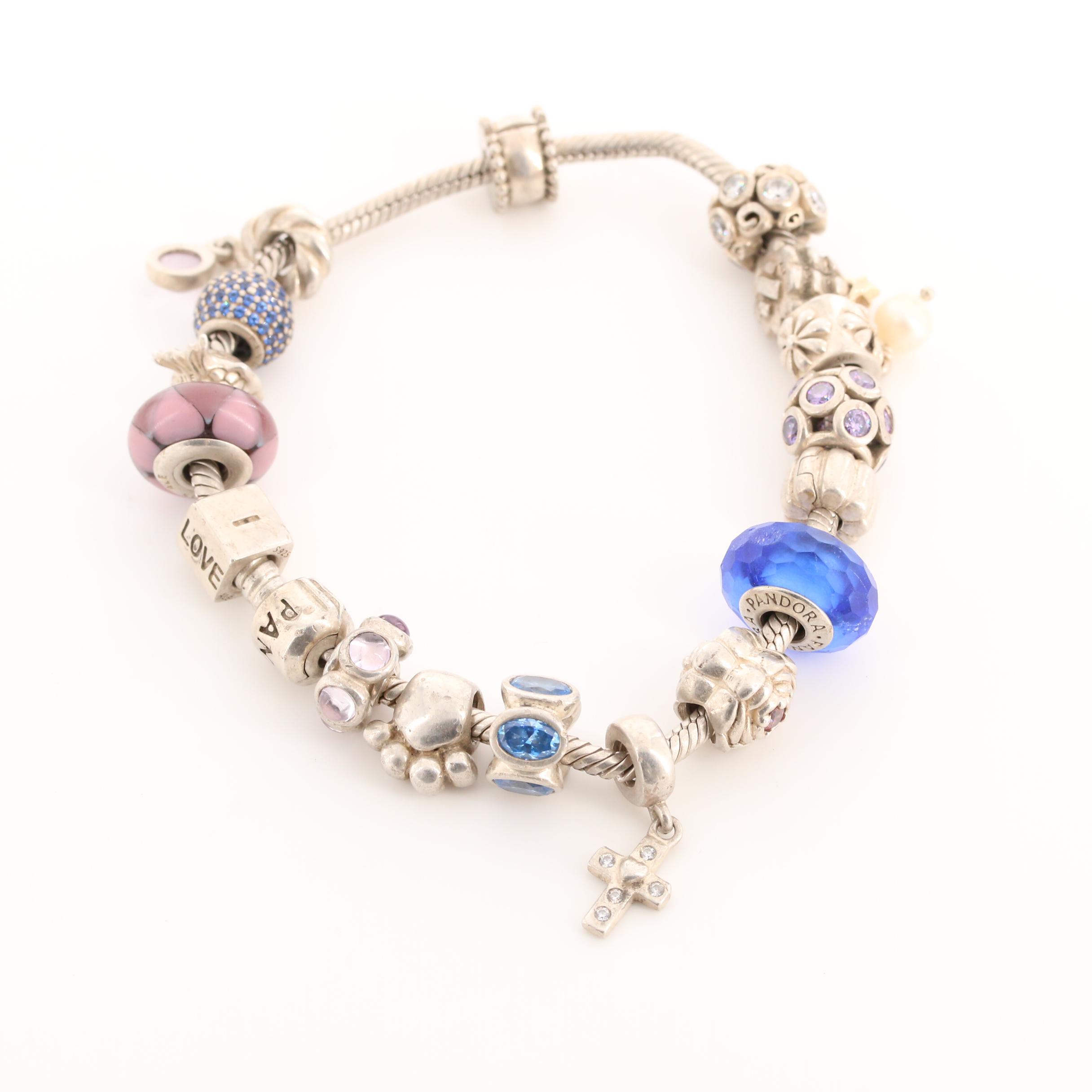 Pandora Sterling Silver Bracelet with Fifteen Pandora Charms
