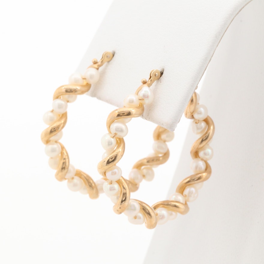 14K Yellow Gold Cultured Pearl Hoop Earrings