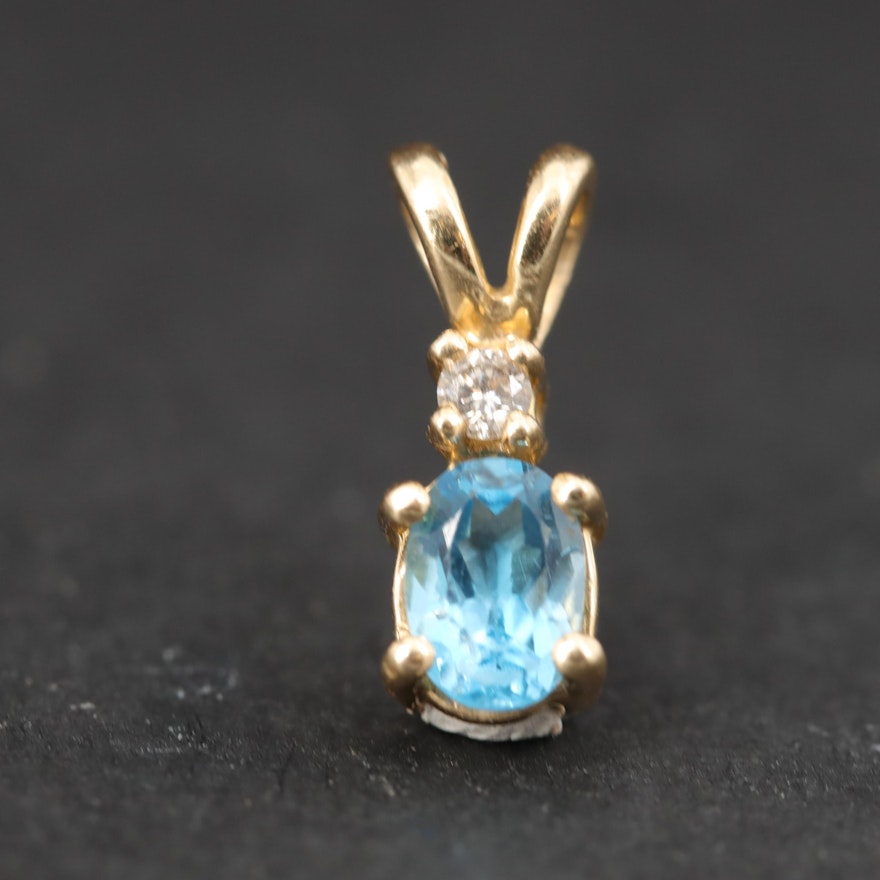 10K Yellow Gold Blue Topaz and Diamond Pendant