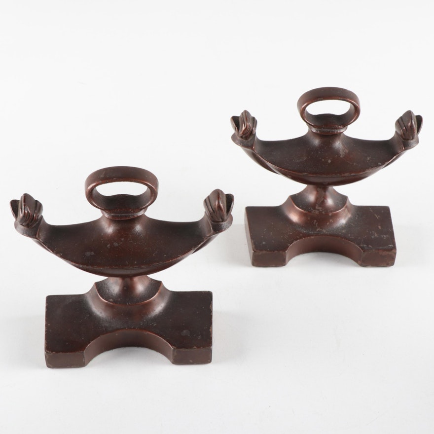 American Bronze Patinated Metal Dual Flame Oil Lamp Bookends, Early 20th Century