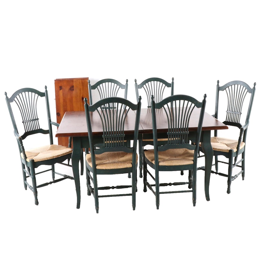 Farmhouse Style Pine and Paint Decorated Table with Six Chairs,