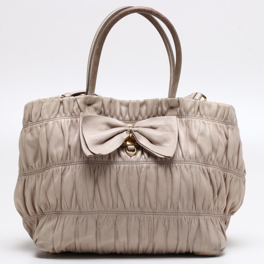 Prada Beige Nappa Gaufre Leather Tote Bag with Bow