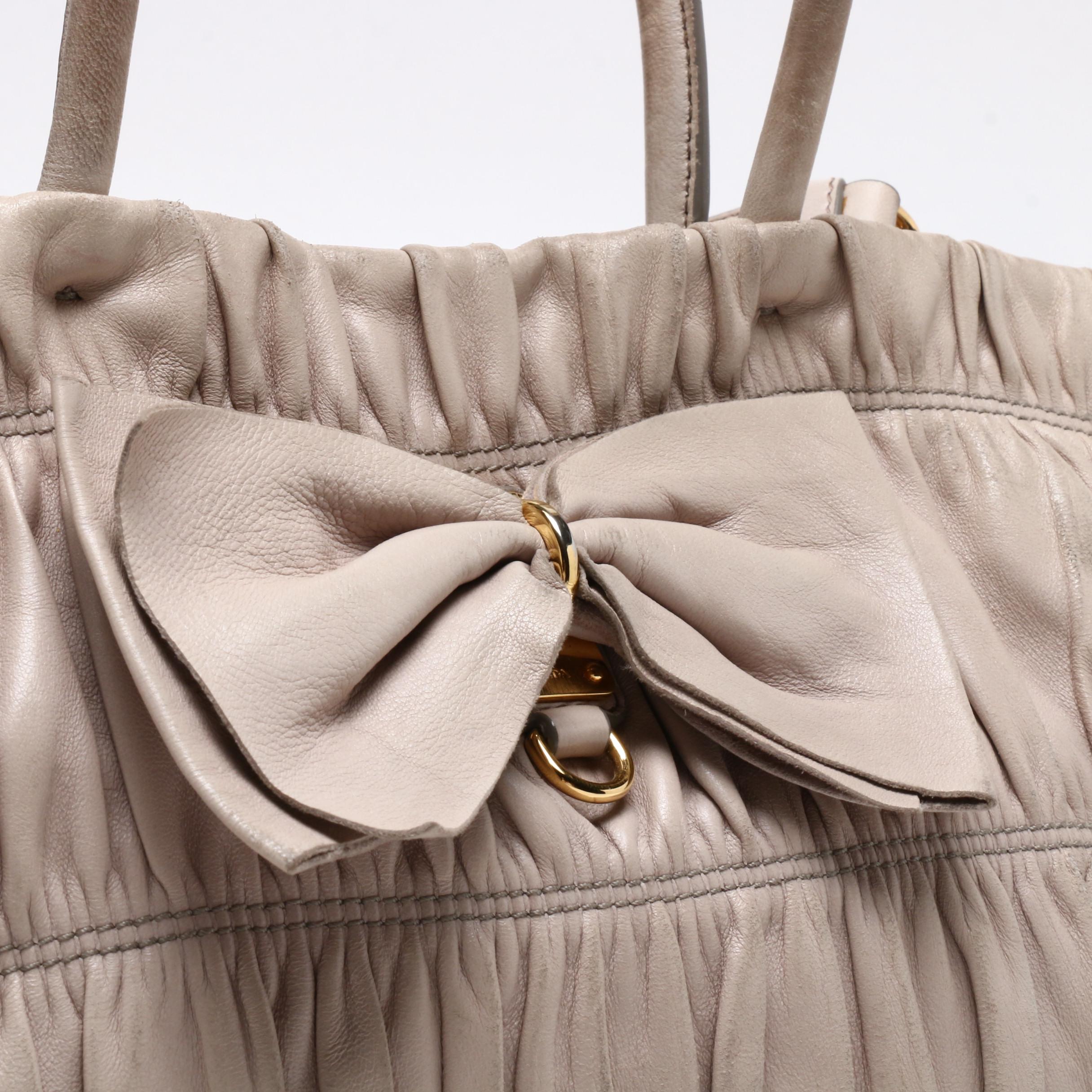 Prada Beige Nappa Gaufre Leather Tote Bag with Bow