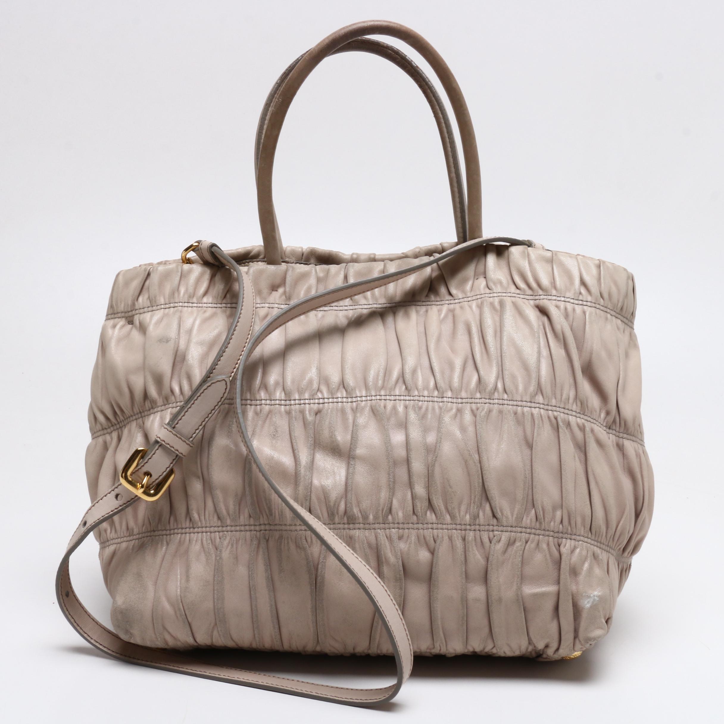 Prada Beige Nappa Gaufre Leather Tote Bag with Bow