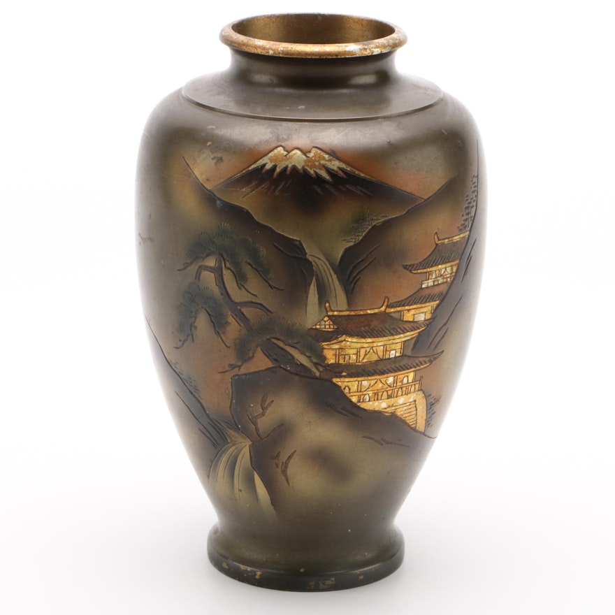 Japanese Lacquered and Gilt Brass Mt. Fuji and Temple Scene Vase, Meiji