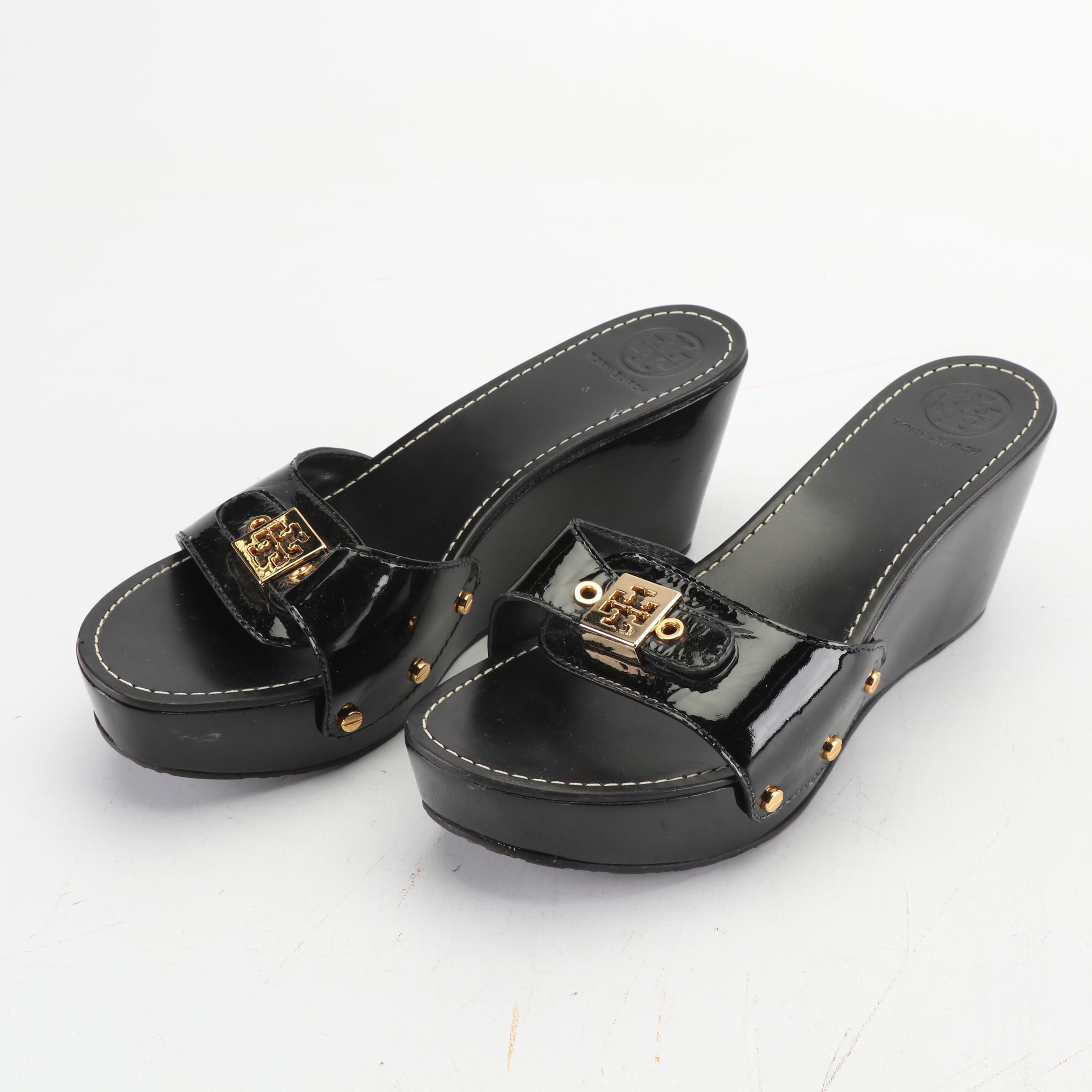 Tory Burch Black Patent Leather Wedge Slide Sandals