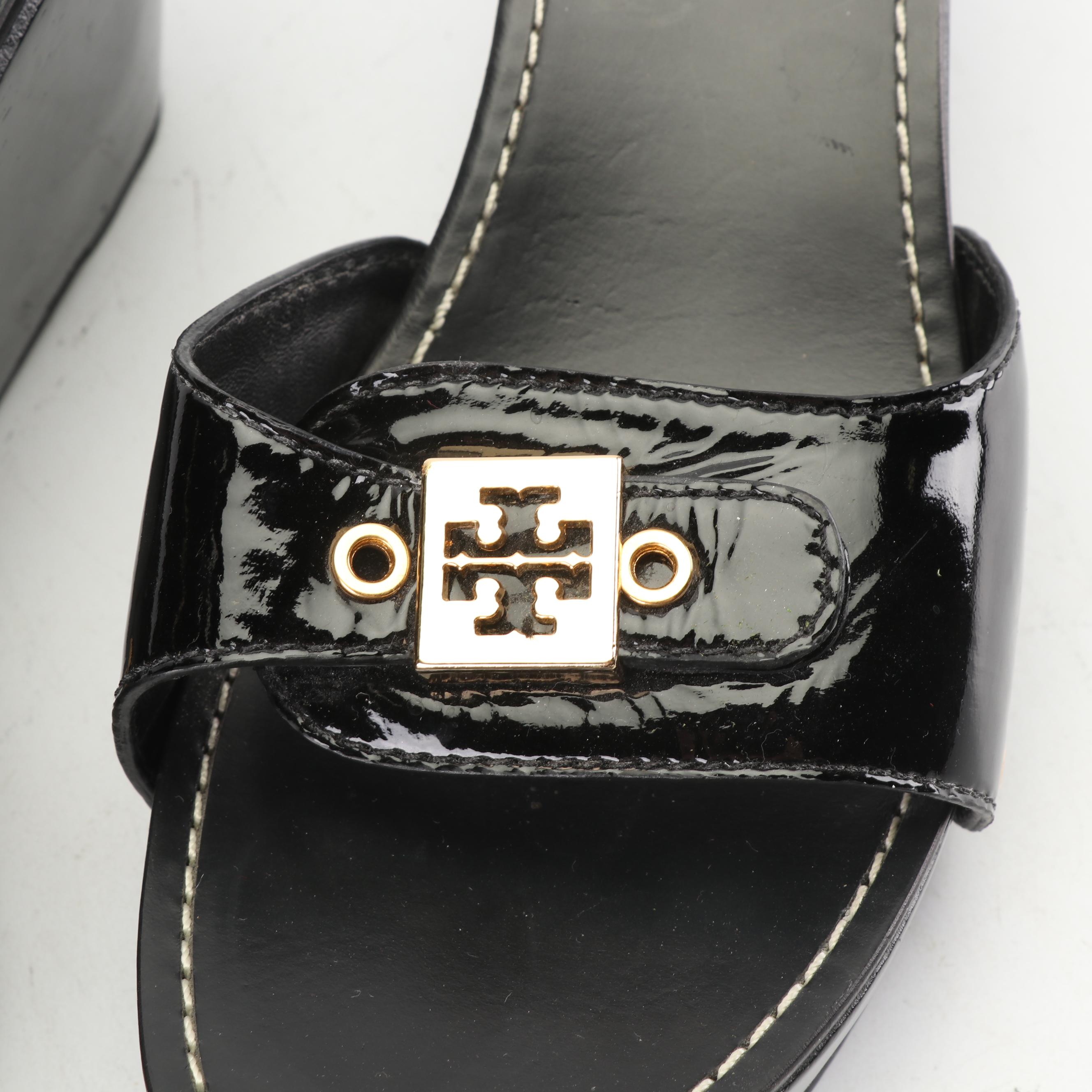 Tory Burch Black Patent Leather Wedge Slide Sandals
