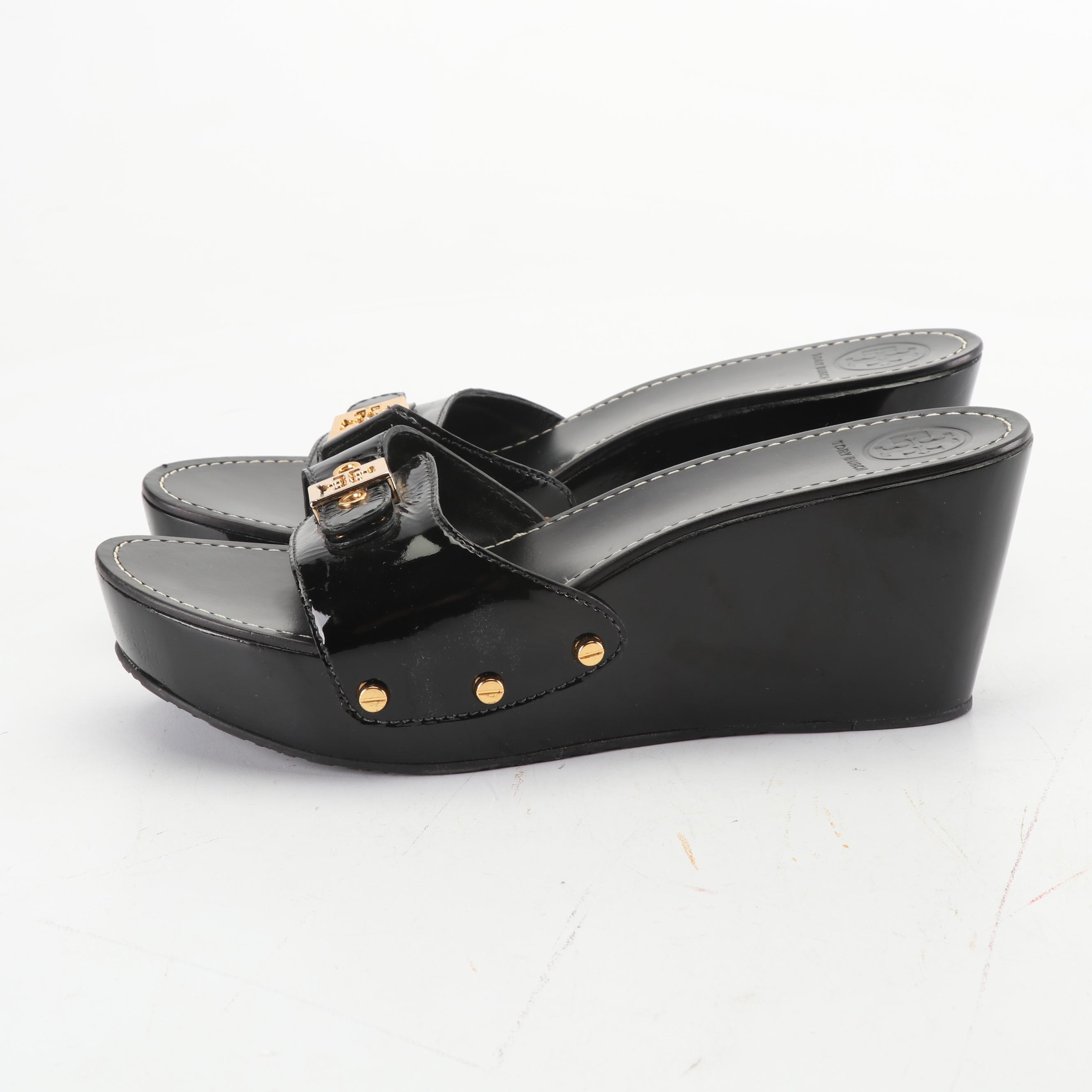 Tory Burch Black Patent Leather Wedge Slide Sandals