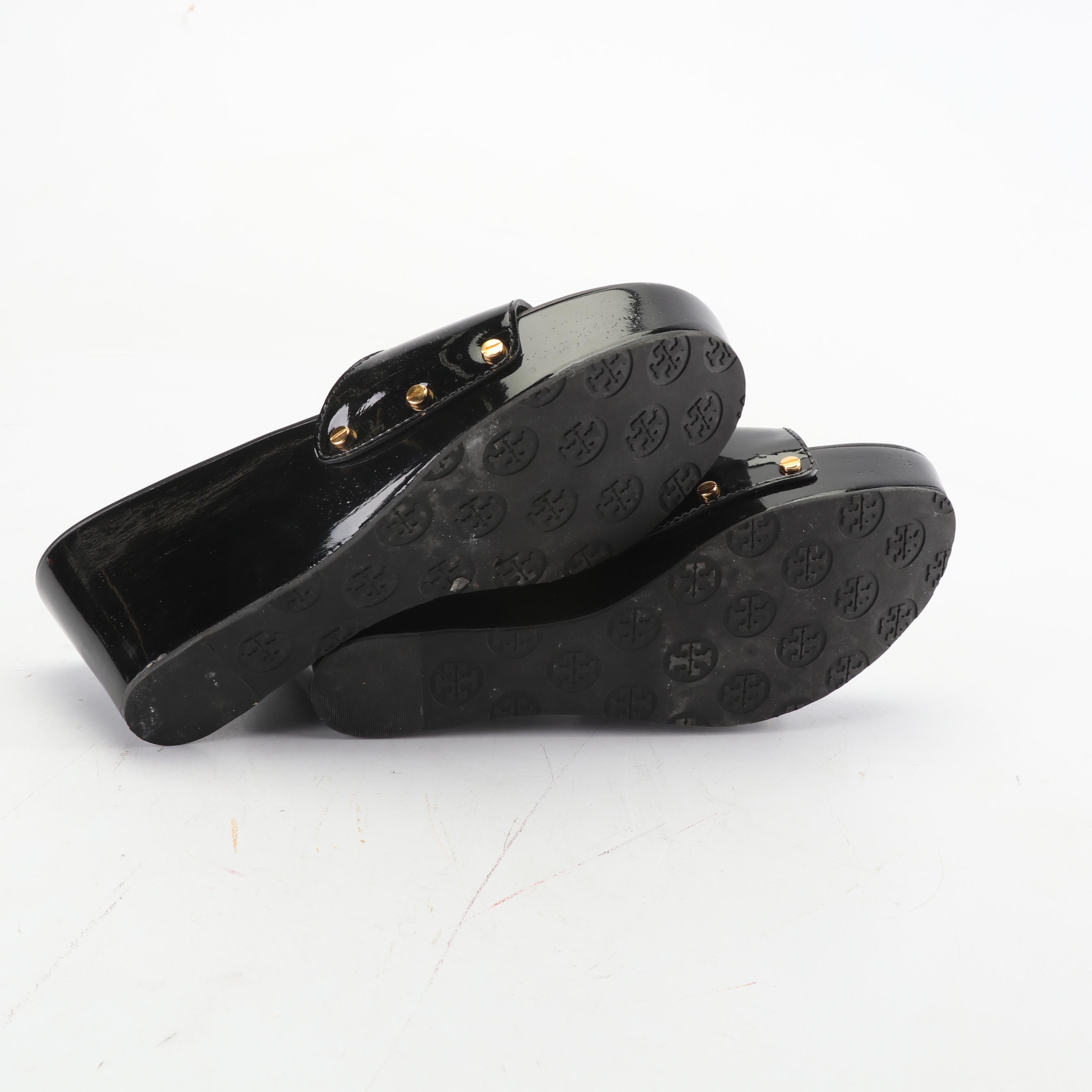 Tory Burch Black Patent Leather Wedge Slide Sandals