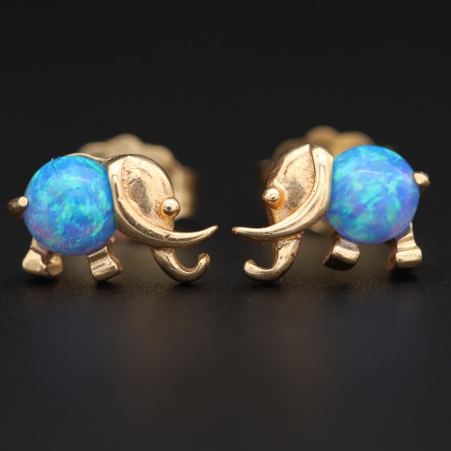 14K Yellow Gold Opal Elephant Earrings