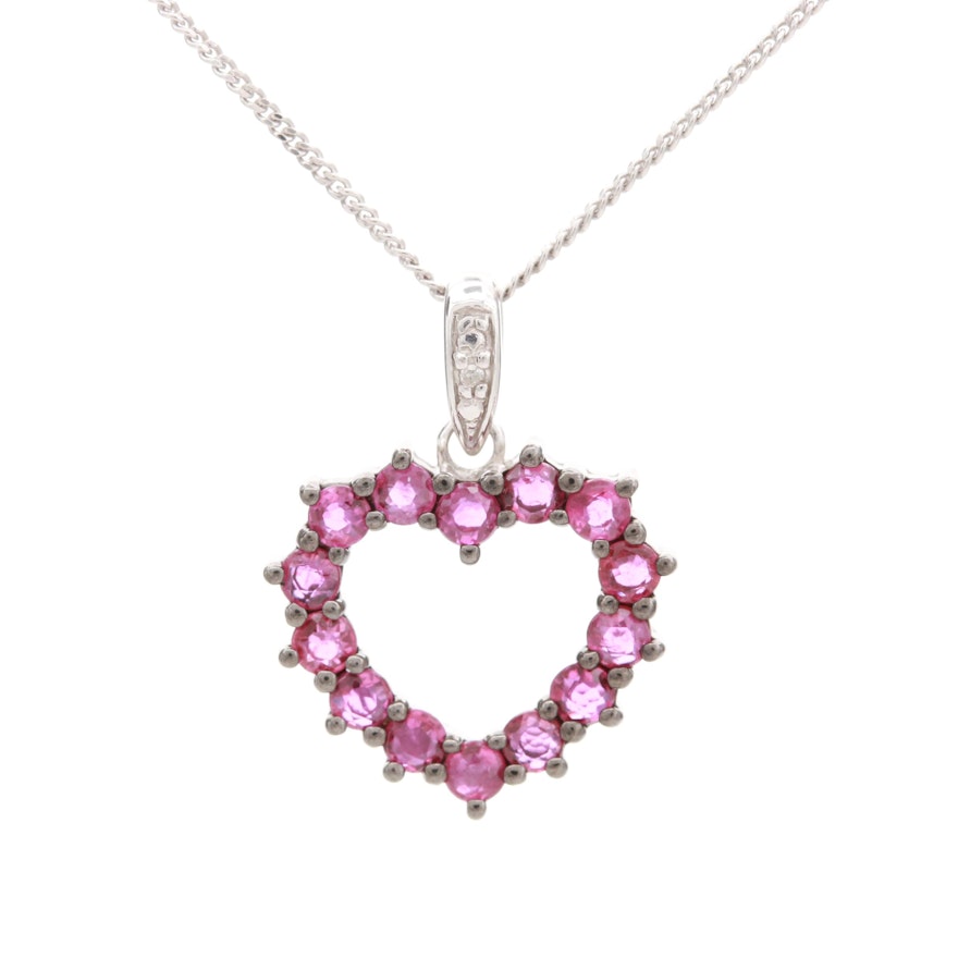 Sterling Silver Ruby and Diamond Heart Pendant Necklace