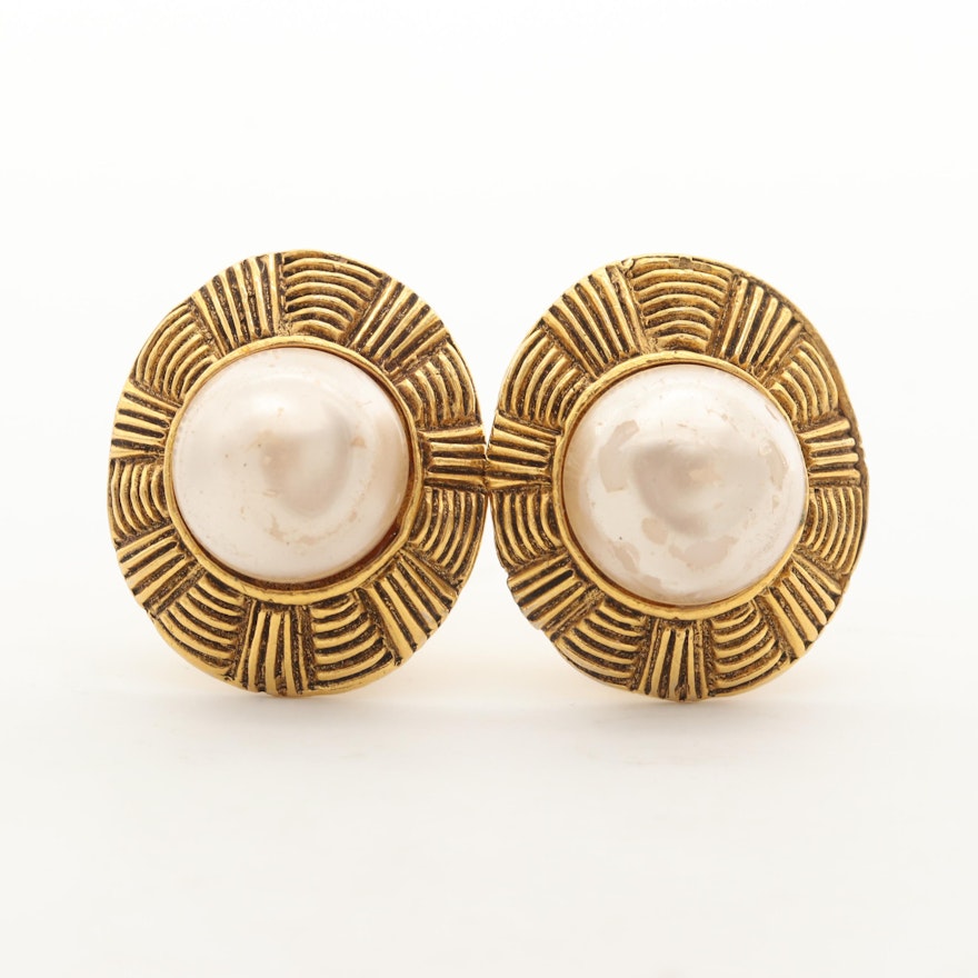 Chanel Gold Tone Imitation Mabé Pearl Clip-On Earrings