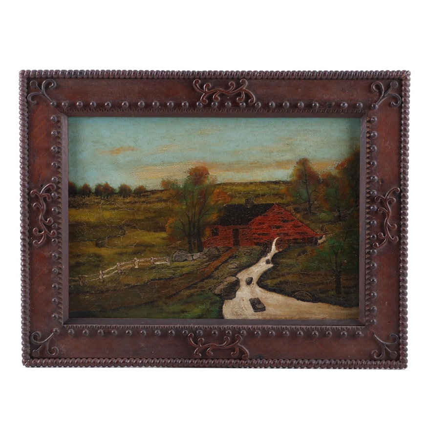 Late 19th Century Folk Oil Painting of Rural Landscape