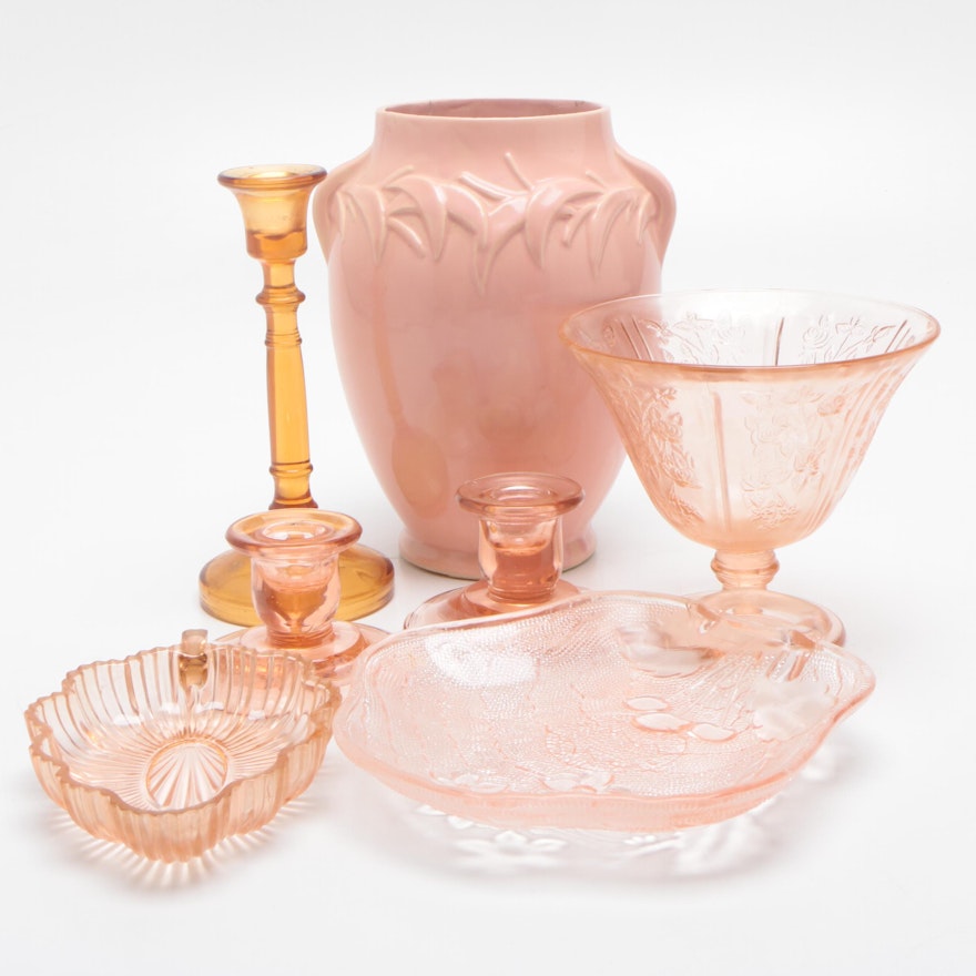 McCoy Pink Embossed Vase with Pink and Amber Depression Glass Tableware