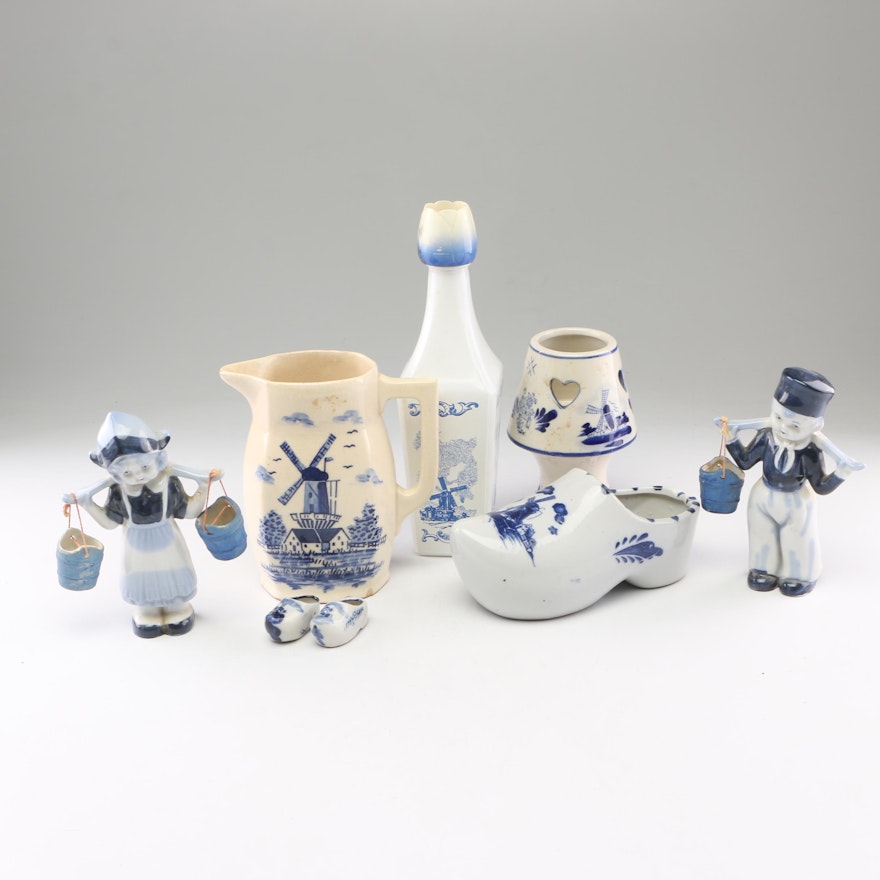 Dutch Style Blue and White Ceramic Figurines, Candle Holder and More