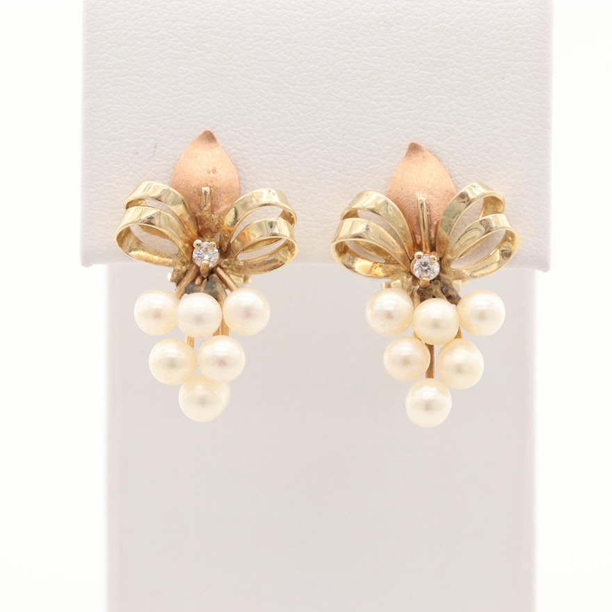 14K Yellow Gold Cultured Pearl and Cubic Zirconia Earrings with Rose Gold Accent