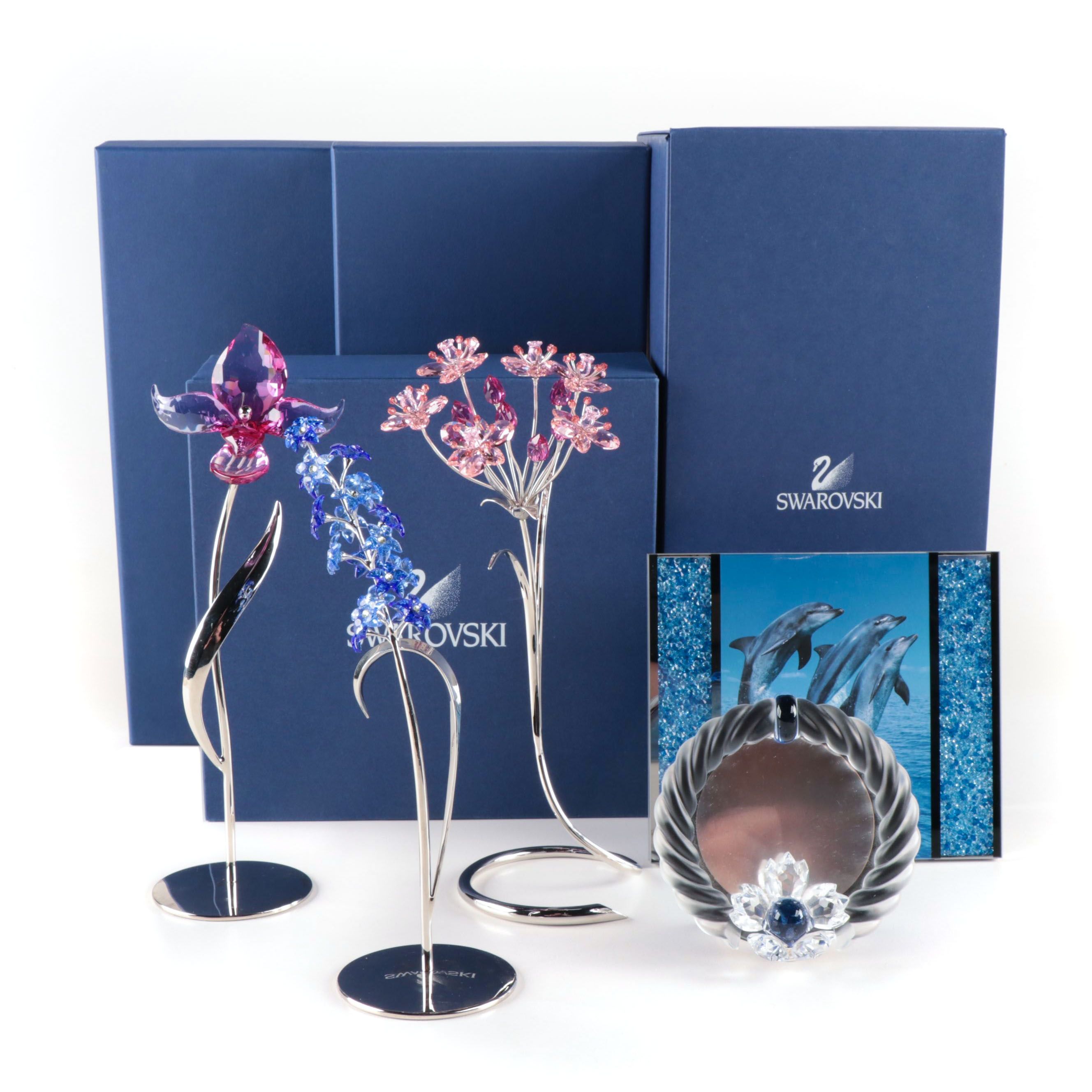 Swarovski Crystal Flower Figurines with Blue "Starlet" Picture Frame and Mirror