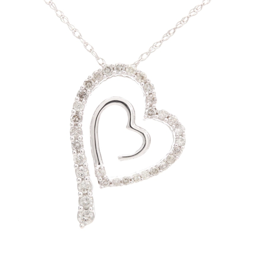 14K White Gold Diamond Double Heart Pendant Necklace