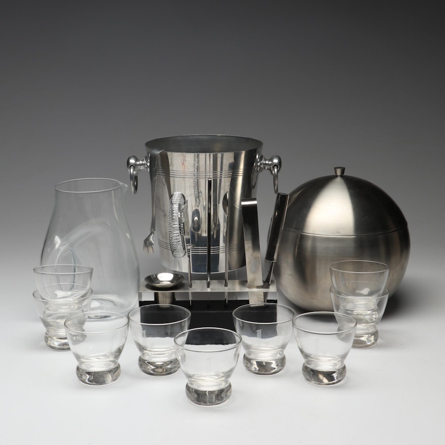 Contemporary Barware Including Stainless Steel Ice Bucket, Low Ball Glasses