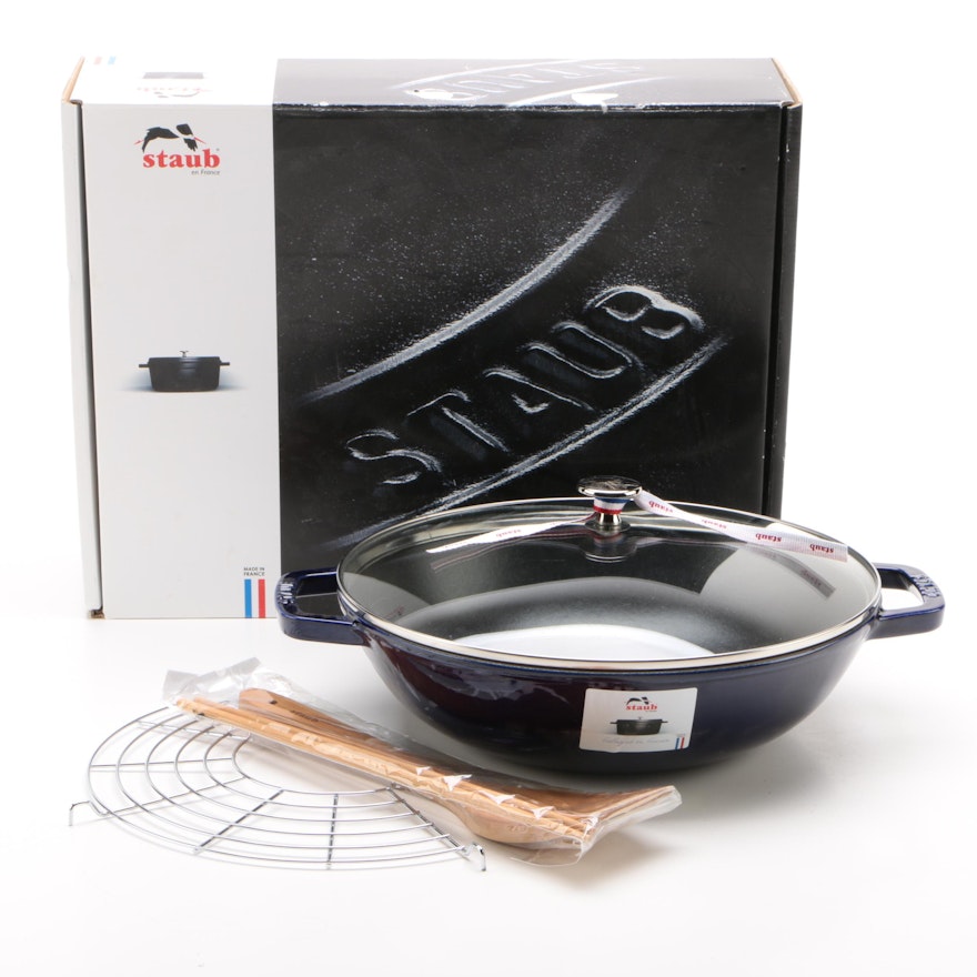 Staub Enameled Cast Iron "Wok Perfect Pan" in Dark Blue, France, Contemporary