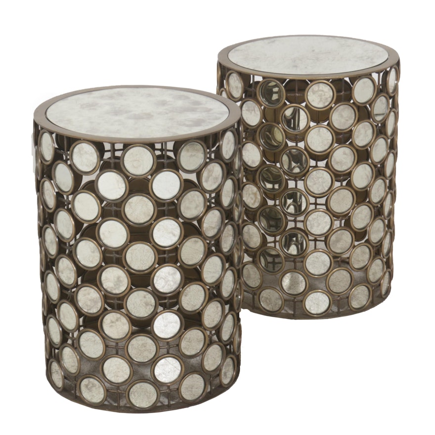 Contemporary Round Mirrored Accent Tables, Pair