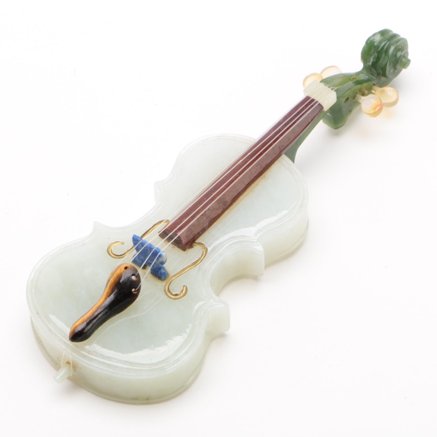 Carved Nephrite Jade and Precious Stone String Instrument