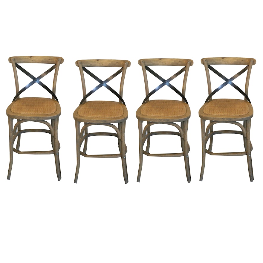 Four Contemporary Wooden Stools with Woven Seats and Metal Accents