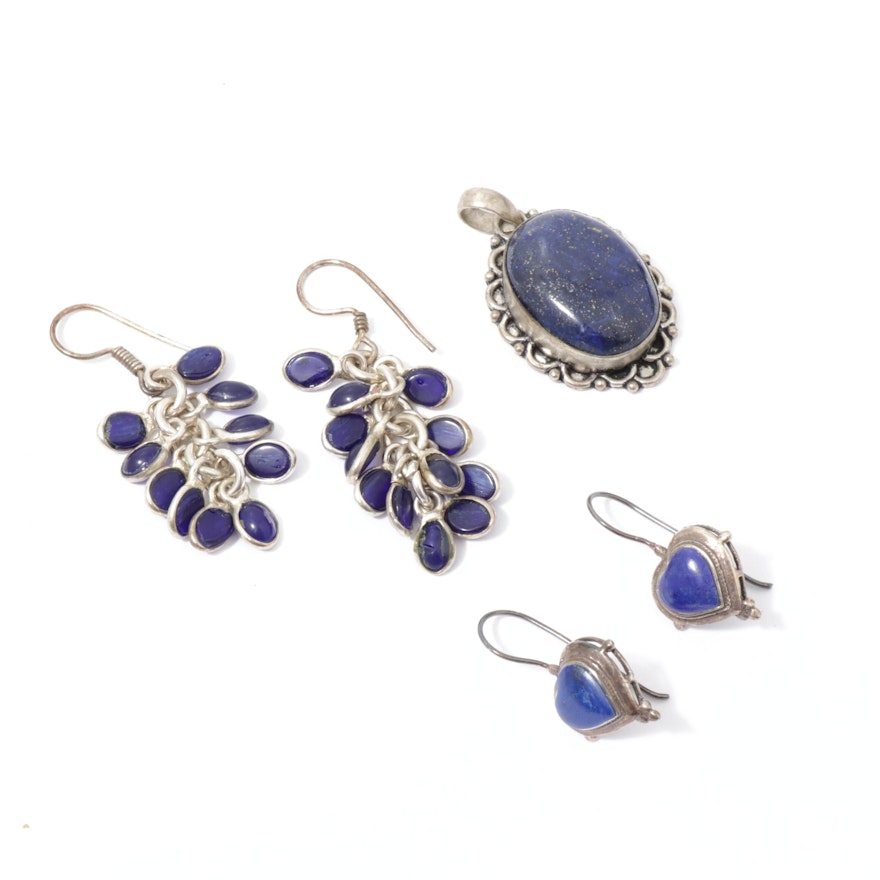 Sterling Silver Lapis Lazuli Earrings and Pendant